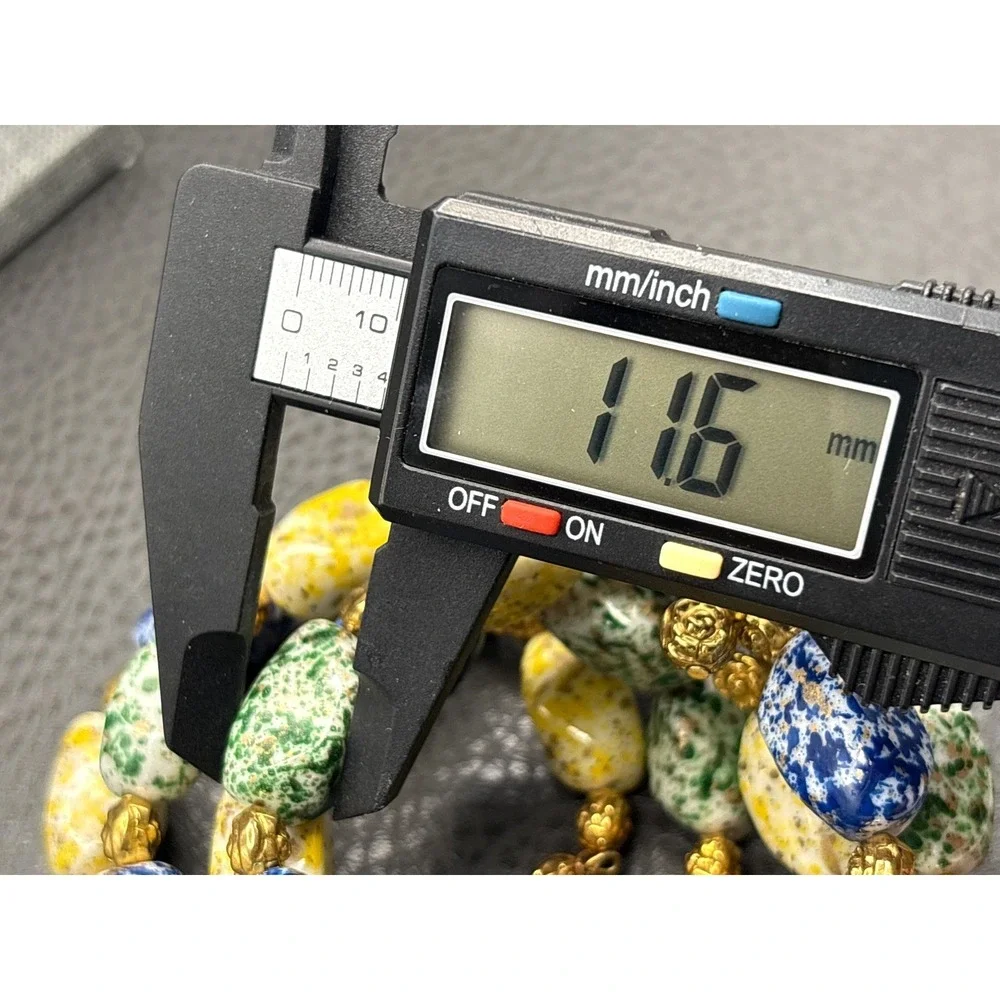 Vintage Speckled Beaded Bracelet Blue Yellow Green Rose Spacer Gold Tone